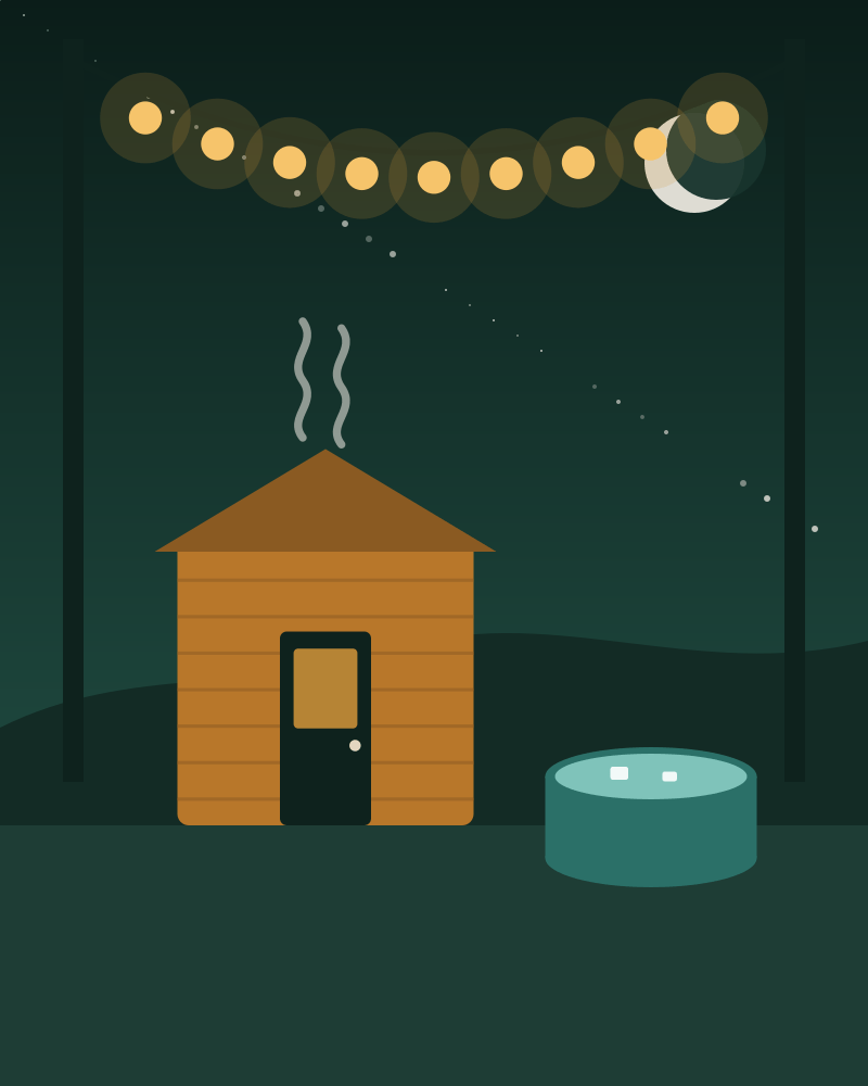Illustration of a backyard sauna evening